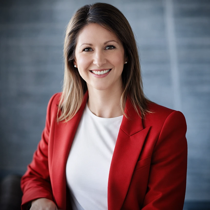 Professional business woman in red blazer smiling in a modern office setting for EJD Advisory.